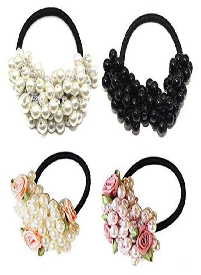 Suoirblss 4Pcs Fashion Women Imitation Pearl Elastic Hair Ties Beaded Hair Band Rope Scrunchie Ponytail Holder Hair Accessories (B)  - Image 1