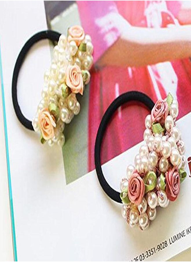 Suoirblss 4Pcs Fashion Women Imitation Pearl Elastic Hair Ties Beaded Hair Band Rope Scrunchie Ponytail Holder Hair Accessories (B)  - Image 5