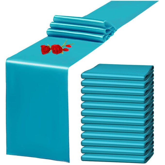 12 PACK TURQUOISE SATIN TABLE RUNNER 12 X 108 INCH LONG PREMIUM TABLE RUNNERS FOR WEDDING PARTY EVENTS DECORATION BIRTHDAY PARTIES BANQUETS DECORATIONS GRADUATIONS ENGAGEMENTS