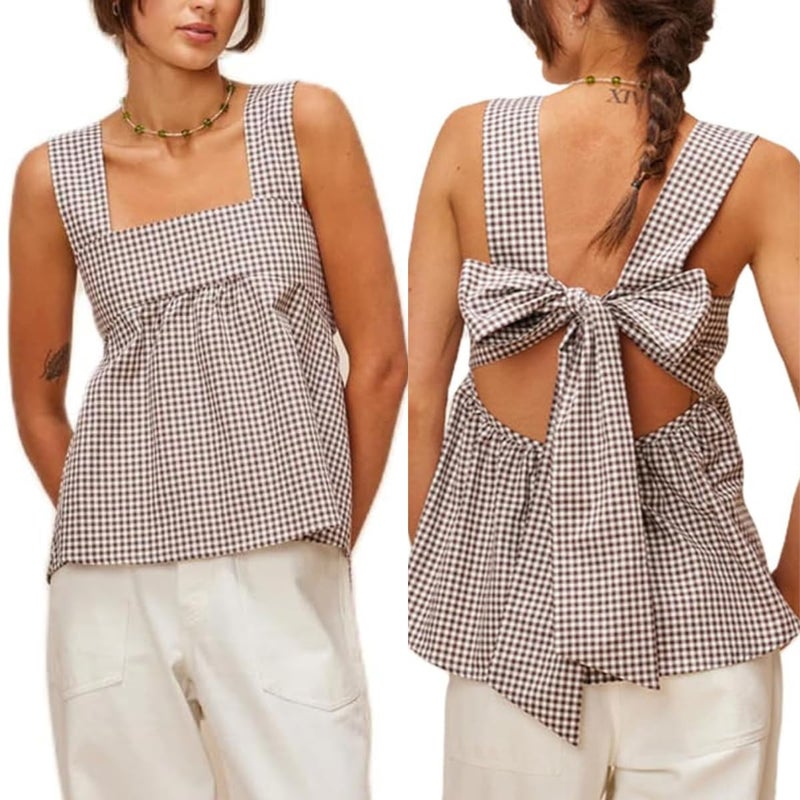 KOSUSANILL Y2k Gingham Tank Top Women Sleeveless Backless Back with Bow Cute Square Neck Ruffle Peplum Babydoll Camisole Going Out Cami Shirt Vest Blouse (Brown Plaid Bowtie, L)