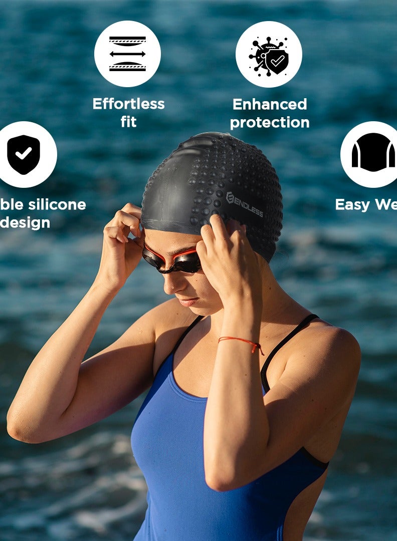 ENDLESS  Comfortable Silicon Swimming Cap with Ergonomic Ear Pockets | Fully Elastic Waterproof Cap for Long and Short Hair with Thicker Edge | For Women and Men - Image 2