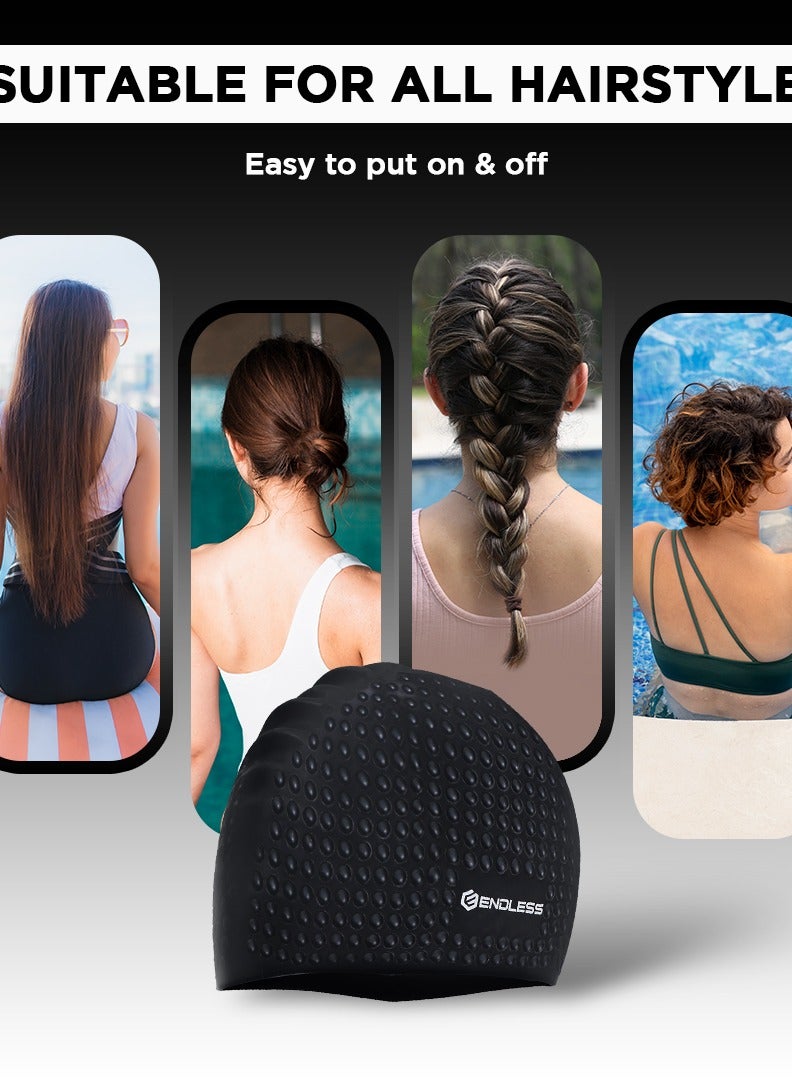ENDLESS  Comfortable Silicon Swimming Cap with Ergonomic Ear Pockets | Fully Elastic Waterproof Cap for Long and Short Hair with Thicker Edge | For Women and Men - Image 3