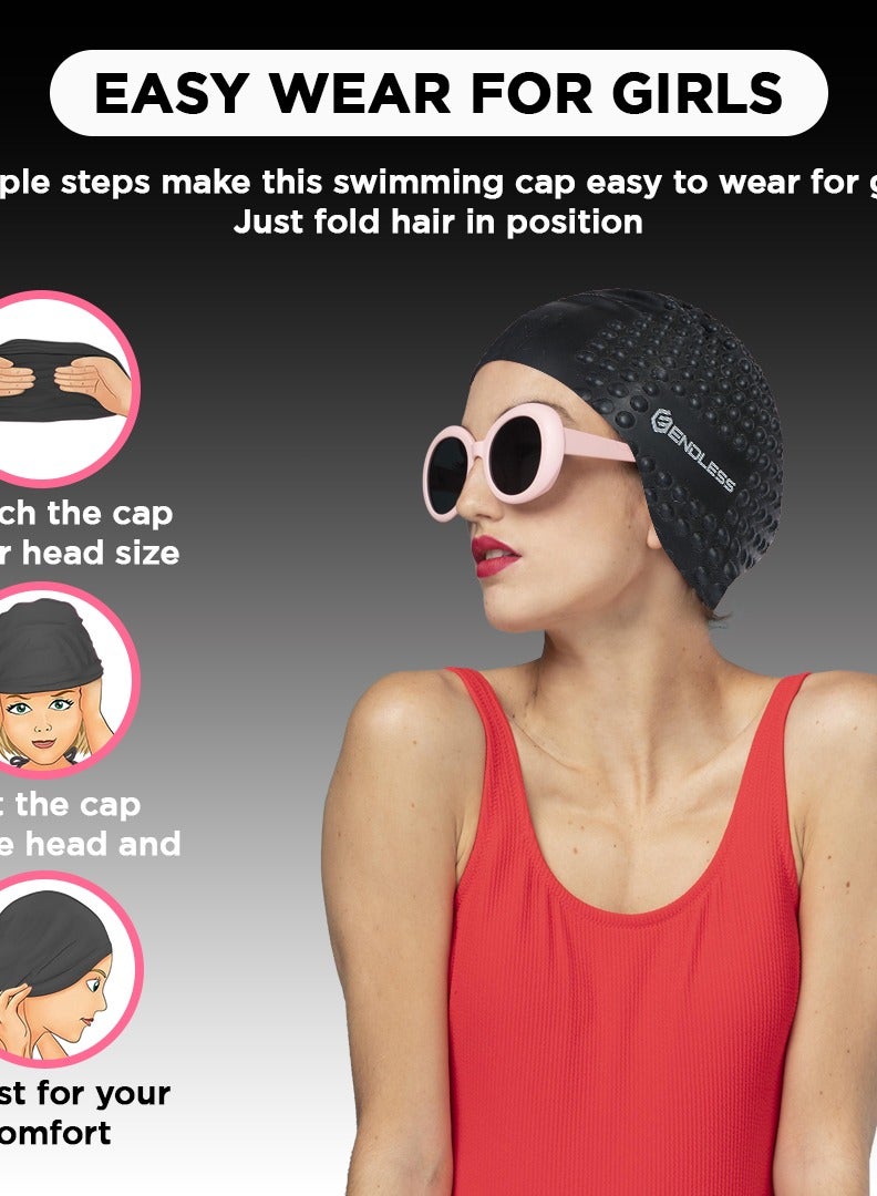 ENDLESS  Comfortable Silicon Swimming Cap with Ergonomic Ear Pockets | Fully Elastic Waterproof Cap for Long and Short Hair with Thicker Edge | For Women and Men - Image 4