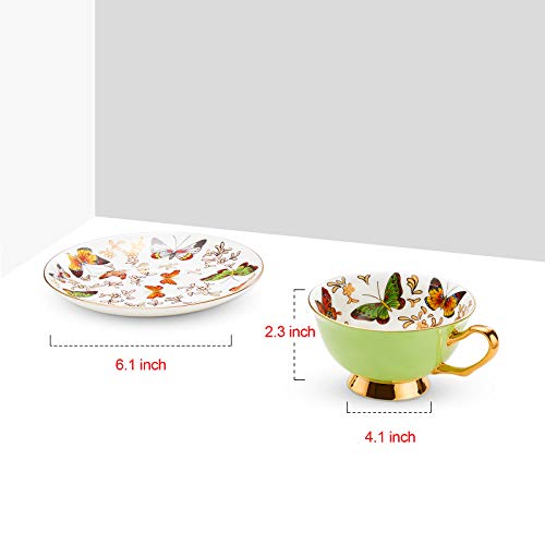 LURRIER Coffee Cup Mug with Saucer for Latte, Cappuccino Tea with Butterflies 6.8 Oz Fine Bone China, Dishwasher Safe, Reactive Glaze, 1 Pcs (Green) - Image 2