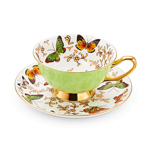 LURRIER Coffee Cup Mug with Saucer for Latte, Cappuccino Tea with Butterflies 6.8 Oz Fine Bone China, Dishwasher Safe, Reactive Glaze, 1 Pcs (Green) - Image 1