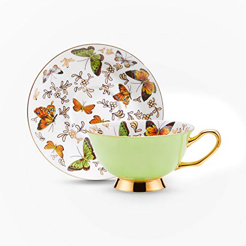 LURRIER Coffee Cup Mug with Saucer for Latte, Cappuccino Tea with Butterflies 6.8 Oz Fine Bone China, Dishwasher Safe, Reactive Glaze, 1 Pcs (Green) - Image 5