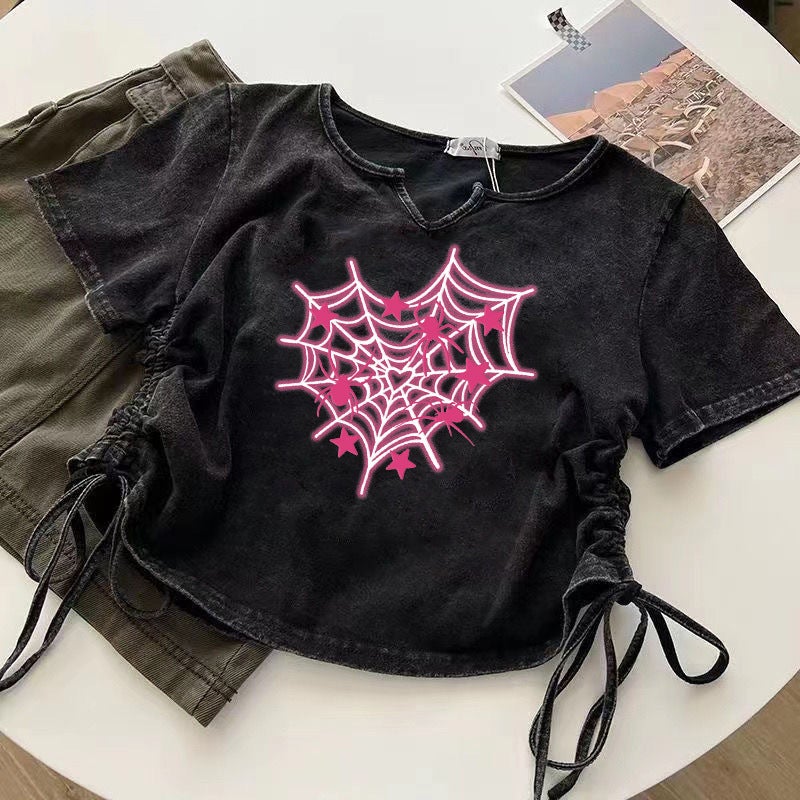 Drawstring Design Love Short Washed Black Old Short-Sleeved T-Shirt Women'S Summer Ins Korean-Style All-Match Niche Top - Image 1