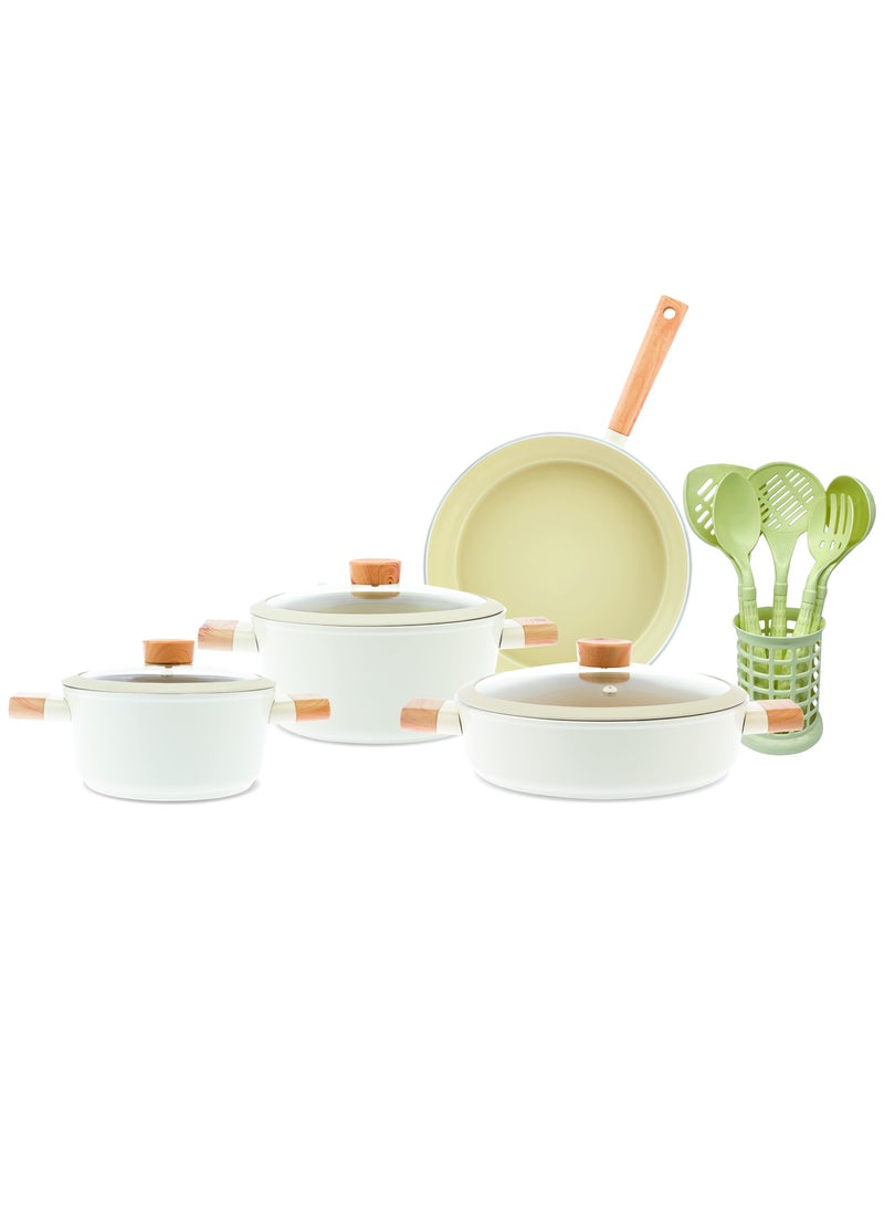 Homemaker طقم أواني الطهي الخزفية السويسرية كريستال 13 قطعة مع أدوات المطبخ - أواني ومقالي خزفية غير لاصقة مع أغطية زجاجية - تصميم أنيق باللون الأبيض مع مقابض خشبية - Image 1