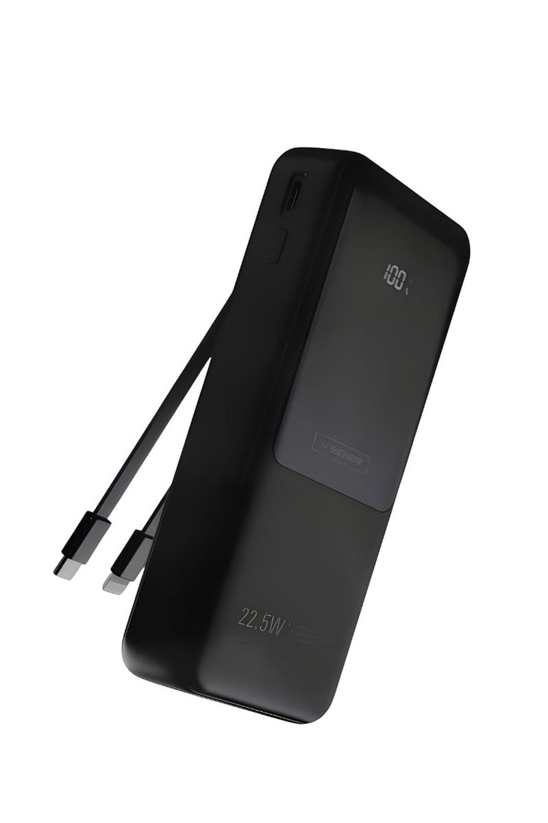 VEGER 20000mAh Power Bank with Built-in Type-C and iPhone Cables, Display, and 22.5W Charging Power - Black - Image 1