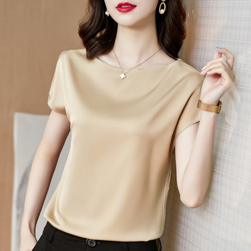 Ice Silk Short-sleeved Solid Color Satin T-shirt Womens Summer New Vest Large Size Womens Slim-fit Slimming Round Neck Base Shirt Apricot - Image 1