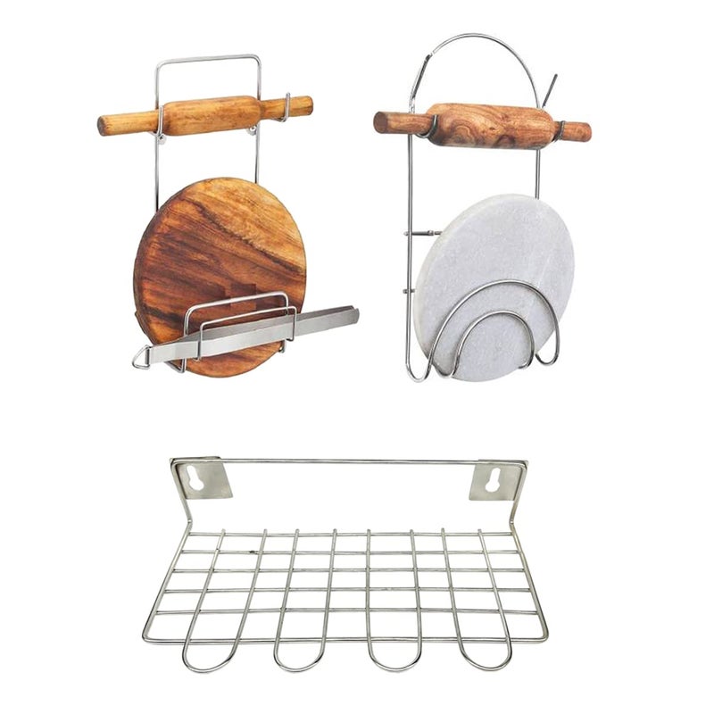 JISUN Stainless Steel Wall Mounted Ladle Stand Wall Mounted Chakla Belan Stand Pack of 2 for Kitchen Silver  - Image 1