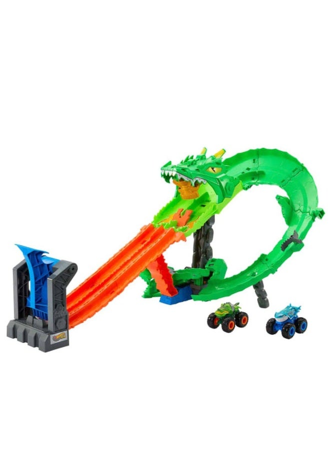 Hot Wheels مجموعة ألعاب هدم الديناصورات ضد أسماك القرش من شاحنات الوحش (1:64) - Image 2