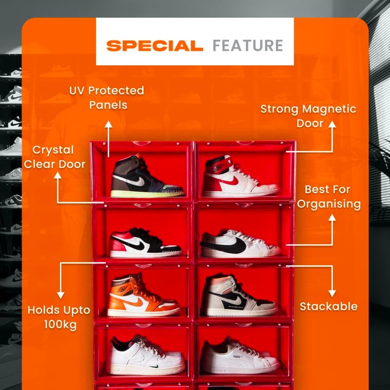 SNEAKARE Shoe Storage Organizer Set of 1 Red HeavyDuty Sneaker Box Stackable Storage Box with Magnetic Closure Multipurpose Large Storage Box Fits Size UK14 Plastic - Image 4