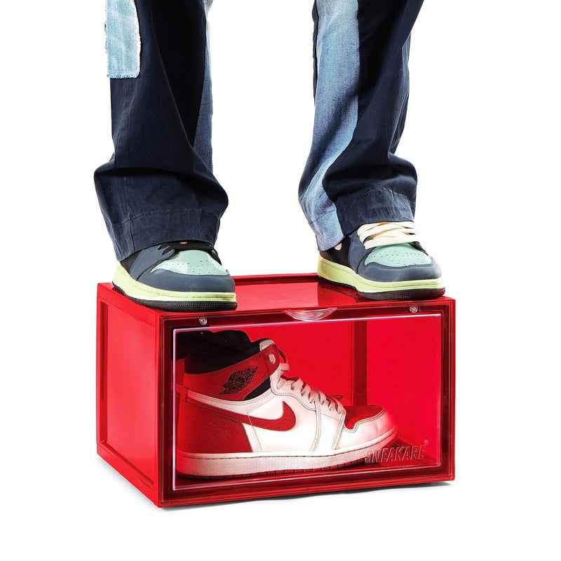 SNEAKARE Shoe Storage Organizer Set of 1 Red HeavyDuty Sneaker Box Stackable Storage Box with Magnetic Closure Multipurpose Large Storage Box Fits Size UK14 Plastic - Image 1