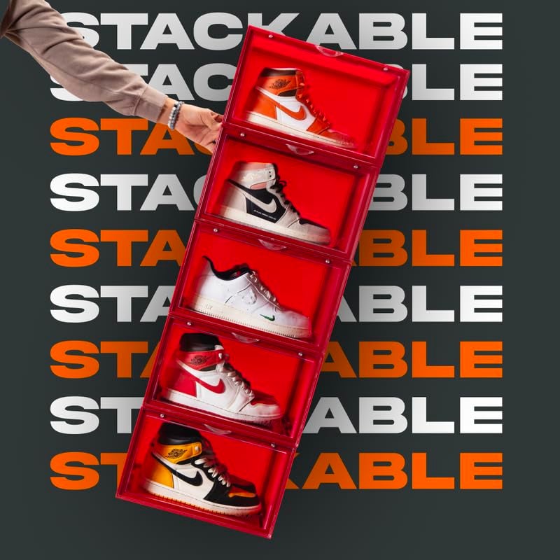 SNEAKARE Shoe Storage Organizer Set of 1 Red HeavyDuty Sneaker Box Stackable Storage Box with Magnetic Closure Multipurpose Large Storage Box Fits Size UK14 Plastic - Image 2