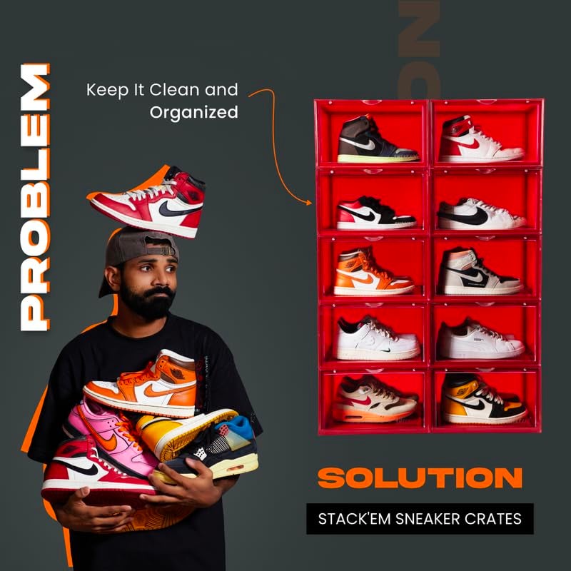 SNEAKARE Shoe Storage Organizer Set of 1 Red HeavyDuty Sneaker Box Stackable Storage Box with Magnetic Closure Multipurpose Large Storage Box Fits Size UK14 Plastic - Image 3