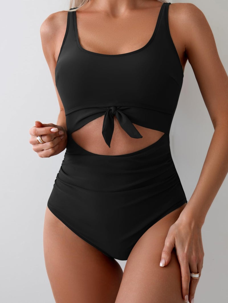 Eomenie Women's One Piece Swimsuit Tummy Control Slimming Bathing Suit Cutout Tie Knot Swimwear Black - Image 2