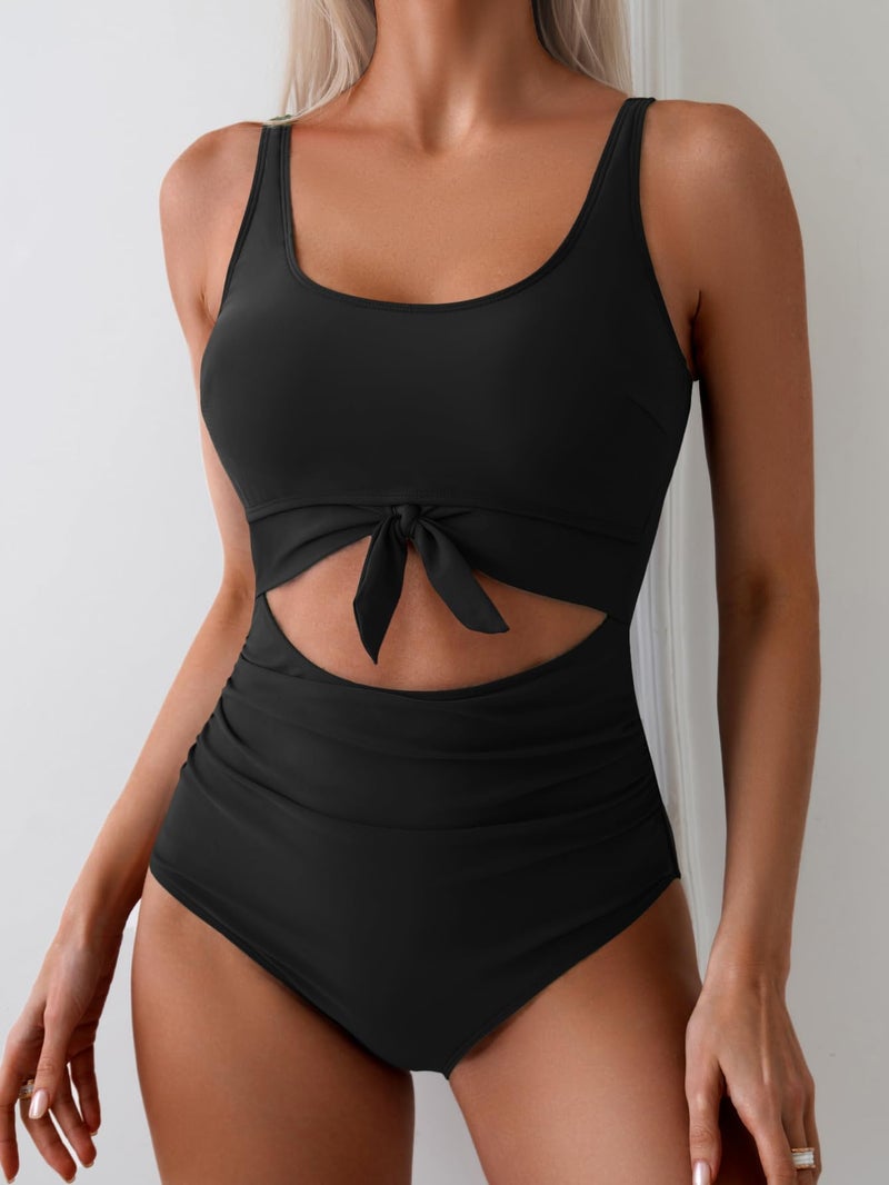 Eomenie Women's One Piece Swimsuit Tummy Control Slimming Bathing Suit Cutout Tie Knot Swimwear Black - Image 3