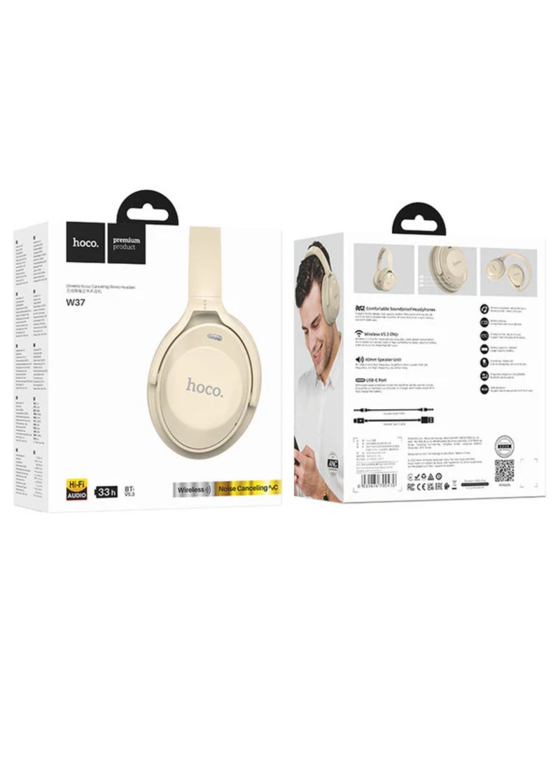 هوكو سماعات رأس W37 بخاصية إلغاء الضوضاء النشطة - لاسلكية فوق الأذن بتقنية البلوتوث، مدة تشغيل تصل إلى 33 ساعة، شحن سريع لمدة ساعتين، مدخل AUX وكابل شحن متضمن - Image 4
