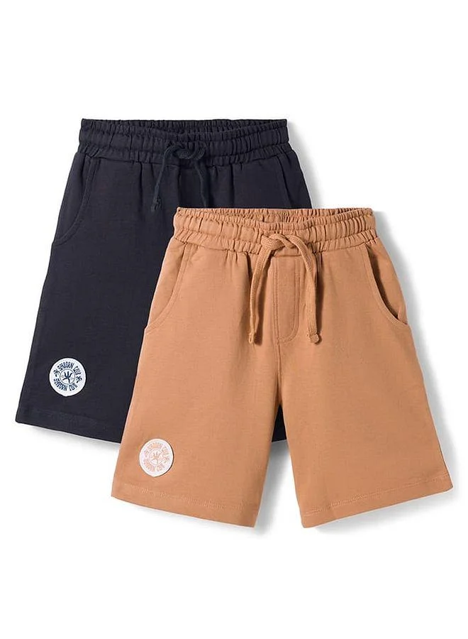 Primo Gino Primo Gino 100% Cotton Knit Knee Length Shorts with Beach Theme Badge (Pack of 2) - Black and Brown