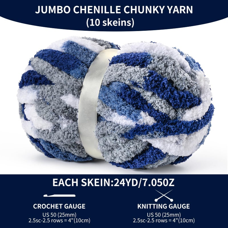 OMoiut 10 Pack Jumbo Chunky Yarn for Hand Knitting, Fluffy Variegated Chunky Chenille Yarn for Crocheting, 240yds/70.5oz Super Bulky Soft Crochet Baby Blanket Yarn(Blue-White) - Image 2