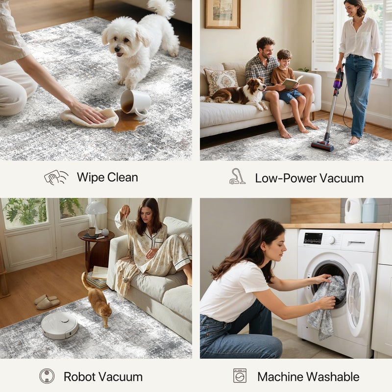 GENIMO Washable Area Rugs for Living Room, 8x10 Modern Non Slip Rugs, Low Pile Lightweight Soft Print Rug for Bedroom, Dining Room, Home Office, Grey - Image 3