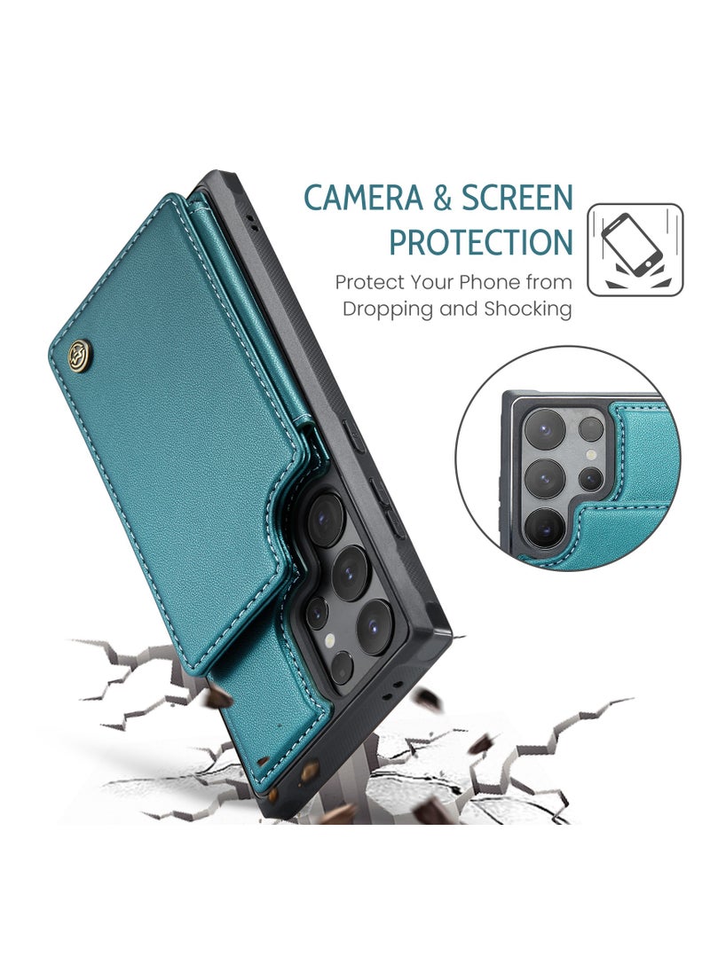 Wallet Case for Samsung Galaxy S24 Ultra, Premium Handmade Durable PU Leather Slim Shockproof Case with [Double Magnetic Clasp] [Card Holder] [Kickstand] [RFID Blocking] (Green)