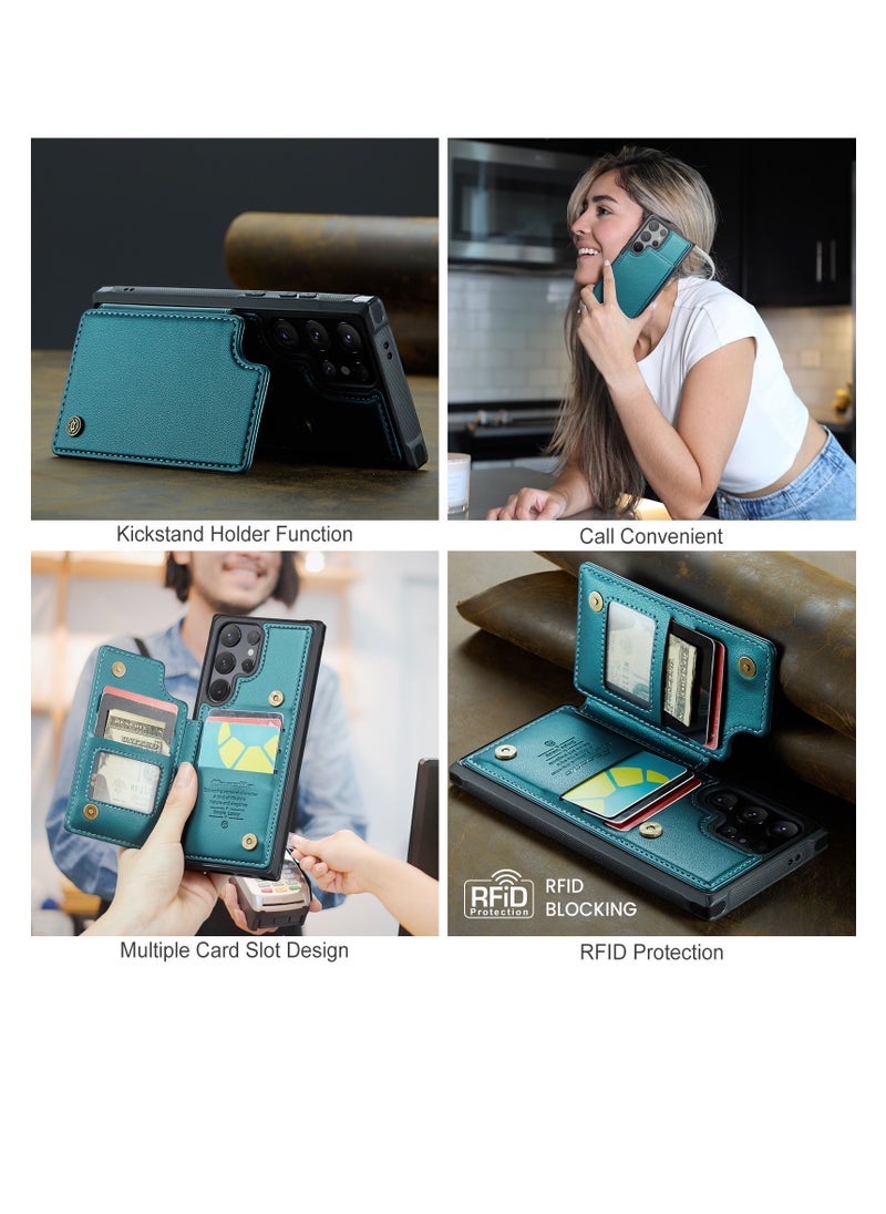 Wallet Case for Samsung Galaxy S24 Ultra, Premium Handmade Durable PU Leather Slim Shockproof Case with [Double Magnetic Clasp] [Card Holder] [Kickstand] [RFID Blocking] (Green)