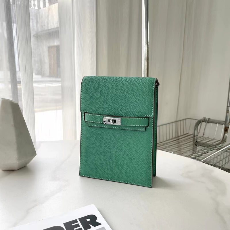 Genuine Leather Kelly Vertical Mobile Phone Bag Simple Top Layer Litchi Pattern Single Shoulder Oblique Cowhide Women'S All-Match Silver Button Bag - Image 1