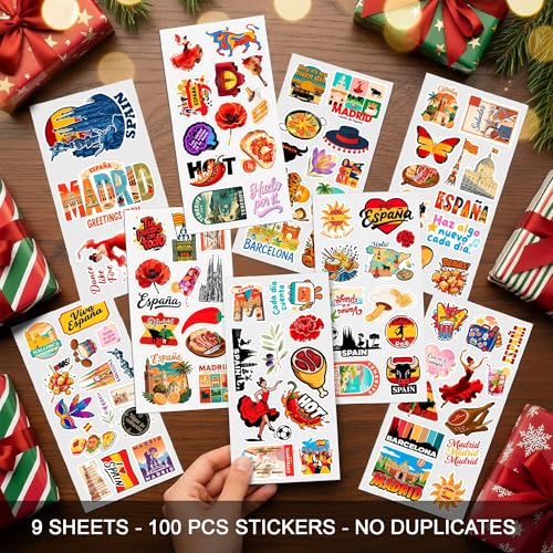 BETANAS 100 PCS Spain Travel Stickers Pack, España Vinyl Waterproof Stickers of Madrid Catalunya Landmarks Flamenco Food and Culture, 9 Sheets for Laptop Water Bottle Scrapbook - Image 3