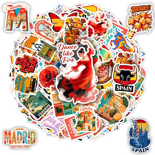 BETANAS 100 PCS Spain Travel Stickers Pack, España Vinyl Waterproof Stickers of Madrid Catalunya Landmarks Flamenco Food and Culture, 9 Sheets for Laptop Water Bottle Scrapbook - Image 1