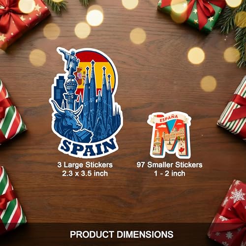 BETANAS 100 PCS Spain Travel Stickers Pack, España Vinyl Waterproof Stickers of Madrid Catalunya Landmarks Flamenco Food and Culture, 9 Sheets for Laptop Water Bottle Scrapbook - Image 2
