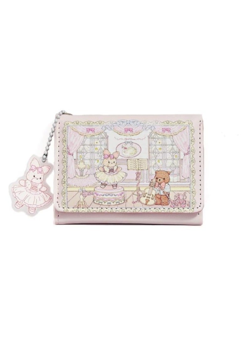 عام محفظة لطيفة، محفظة للفتيات، محفظة ثلاثية الطيات كاواي للنساء على طراز جامعي صغير، حامل بطاقات جميل، تصميم أرنب دب لطيف. - Image 1