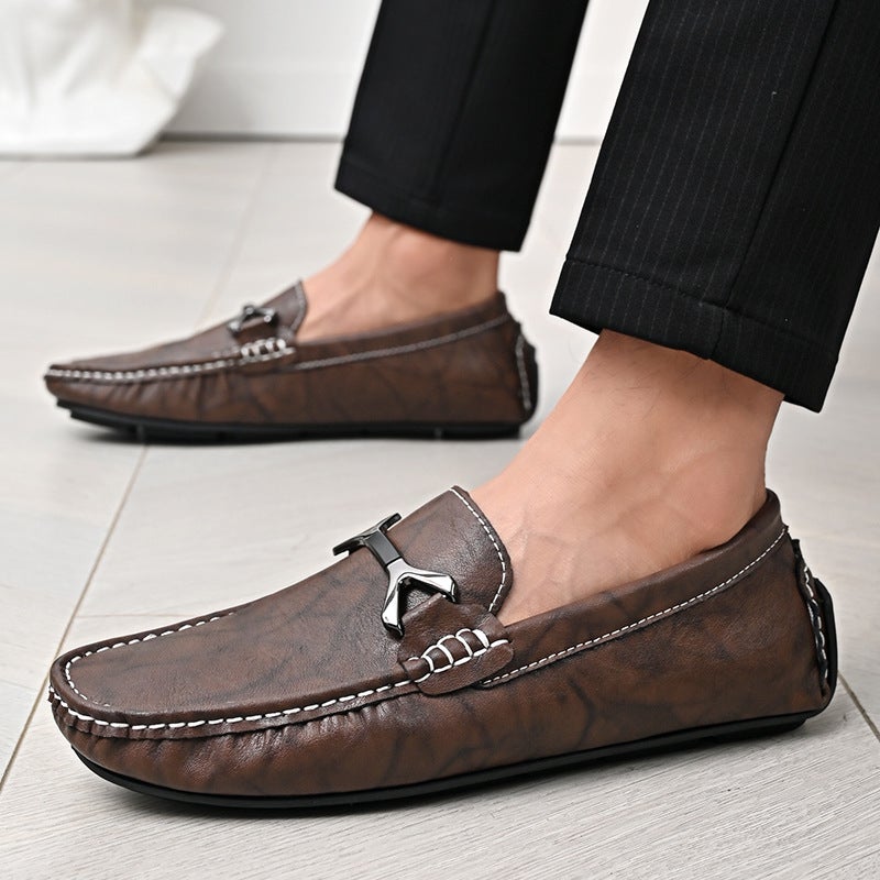 Cowhide Pea Shoes Men'S Spiritual Guy Guangdong Retro Soft Leather Soft Sole Slip-On Casual Shoes For Men - Image 4