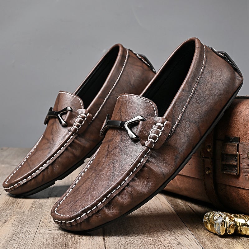 Cowhide Pea Shoes Men'S Spiritual Guy Guangdong Retro Soft Leather Soft Sole Slip-On Casual Shoes For Men - Image 2