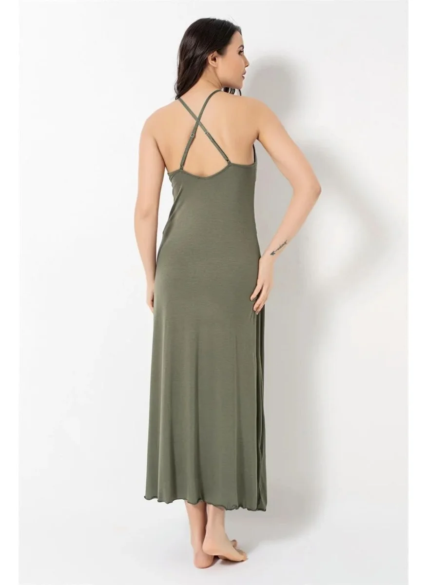 موناميسي Women's Khaki Chest and Back Low-Cut Lace Slit Nightgown 18493