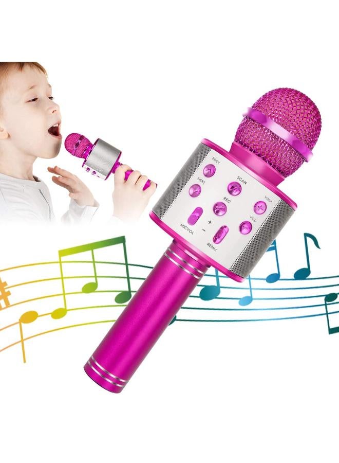 Wireless Bluetooth Karaoke Microphone for Kids, 5-in-1 Portable Handheld Karaoke Mic Speaker Player Recorder with Adjustable Remix FM Radio for Kids Girls Boys Teens Birthday (Hot Pink)