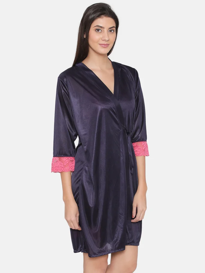 Clovia Clovia Women Blue Satin Maxi Nightdress with Lace Trim 3/4 Sleeves Robes