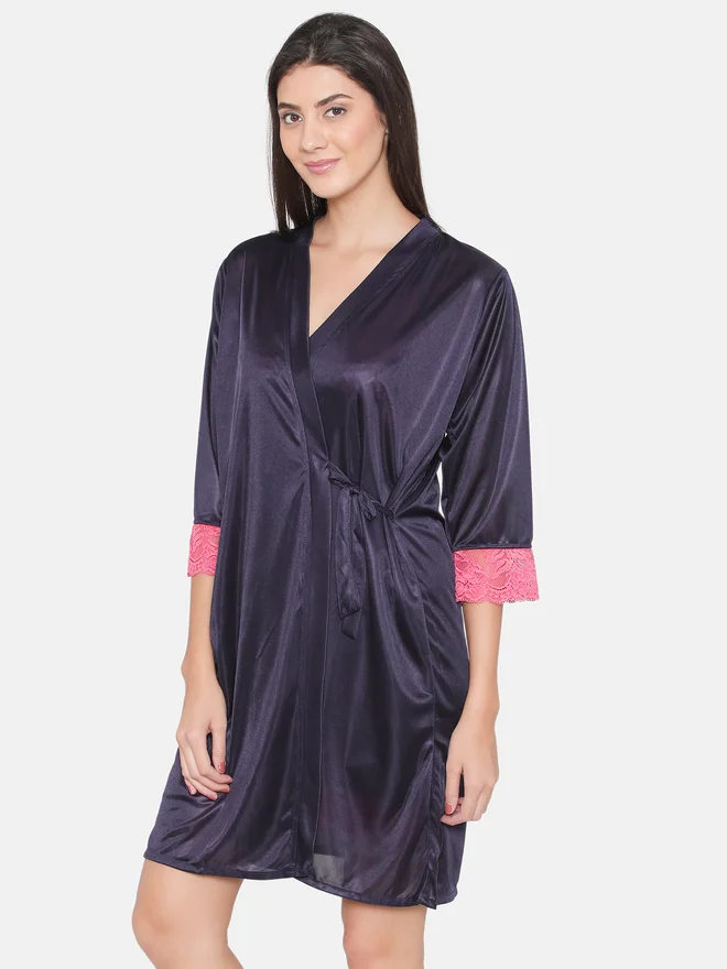 Clovia Clovia Women Blue Satin Maxi Nightdress with Lace Trim 3/4 Sleeves Robes