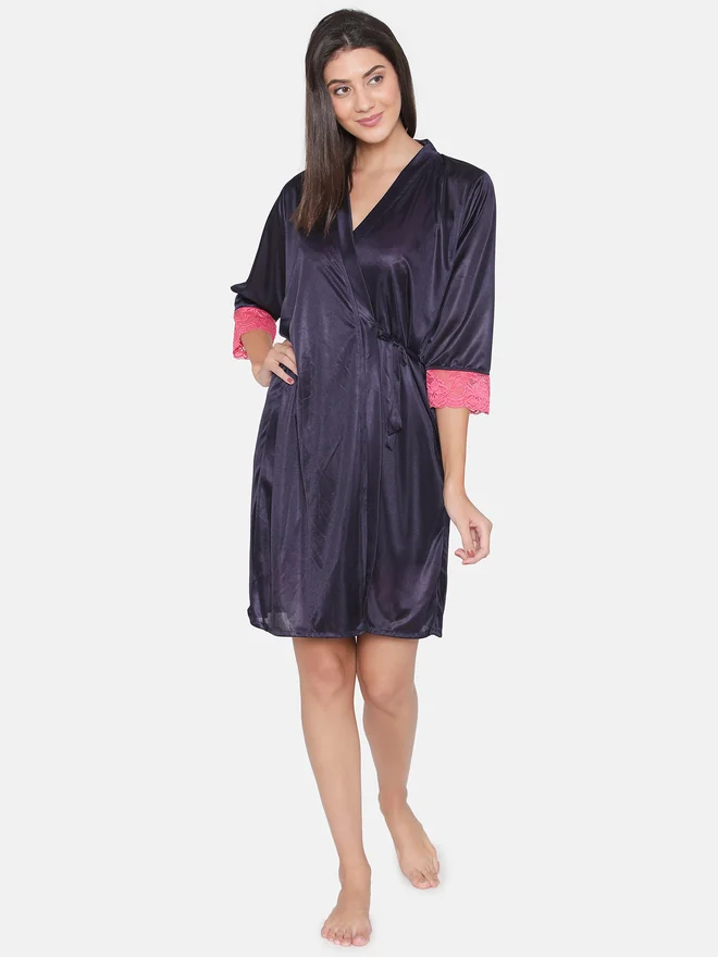 Clovia Clovia Women Blue Satin Maxi Nightdress with Lace Trim 3/4 Sleeves Robes