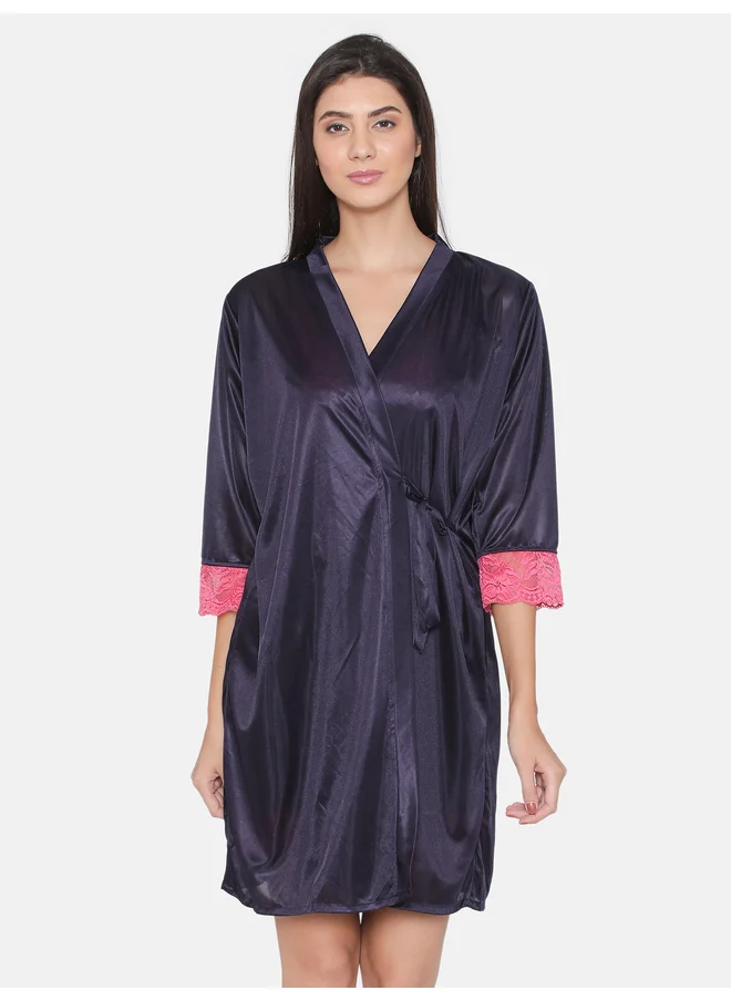 Clovia Clovia Women Blue Satin Maxi Nightdress with Lace Trim 3/4 Sleeves Robes