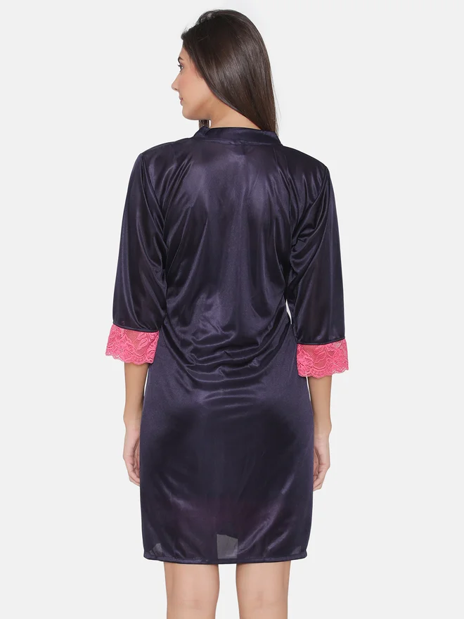 Clovia Clovia Women Blue Satin Maxi Nightdress with Lace Trim 3/4 Sleeves Robes