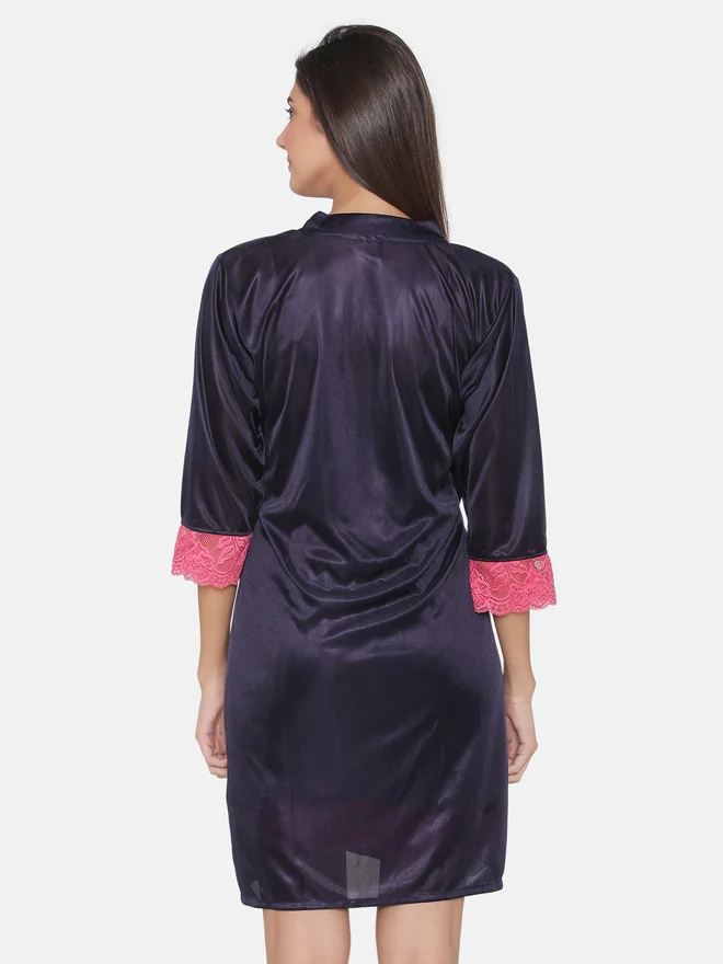 Clovia Clovia Women Blue Satin Maxi Nightdress with Lace Trim 3/4 Sleeves Robes