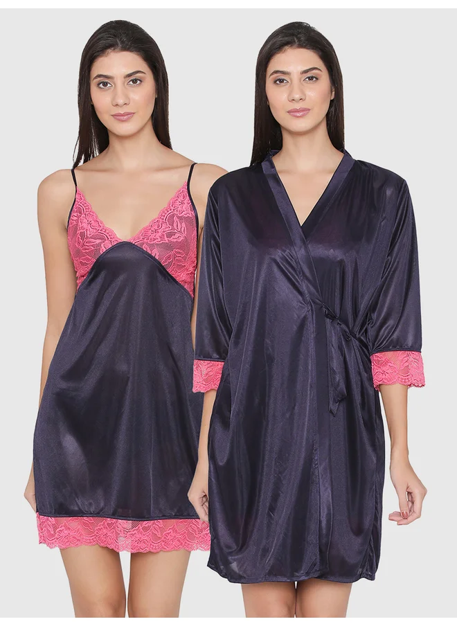 Clovia Clovia Women Blue Satin Maxi Nightdress with Lace Trim 3/4 Sleeves Robes