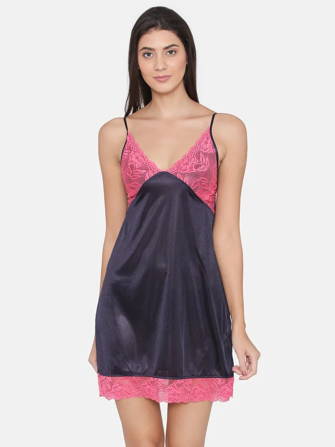 Clovia Clovia Women Blue Satin Maxi Nightdress with Lace Trim 3/4 Sleeves Robes