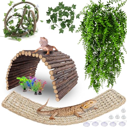 HERCOCCI Bearded Dragon Tank Accessories, Large Reptile Bridge Hammock Flexible - Jungle Climbing Vines and Leaves with Suction Cups Habitat Décor for Hiding& Climbing Snake Gecko Lizard Chameleon - Image 1