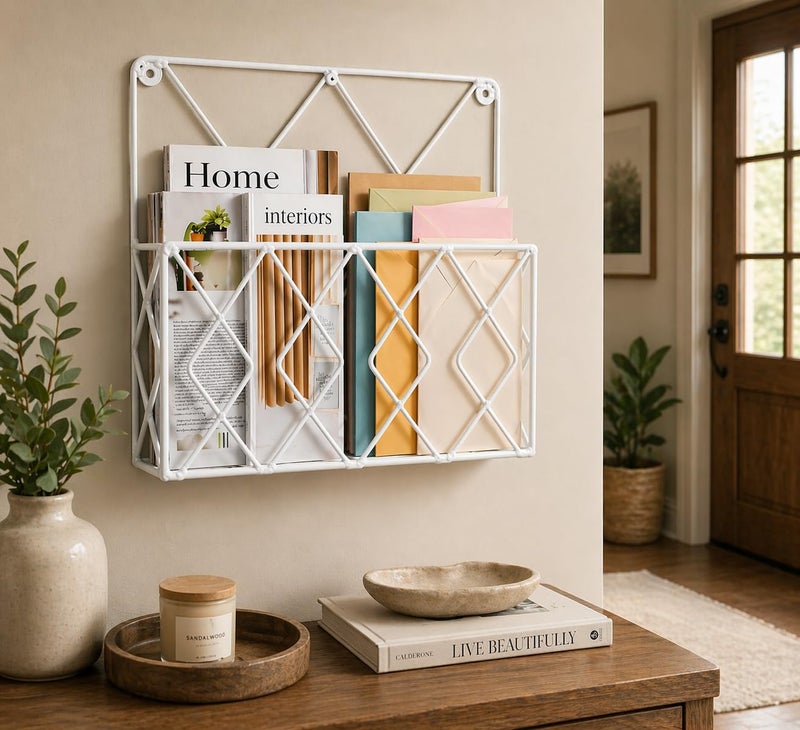 CRAFTCASTLE Hanging File & Magazine Holder – Wall Mounted Metal Organizer for Newspapers, Documents & Office Storage | Decorative Wall Rack for Home & Workspace (White) - Image 4