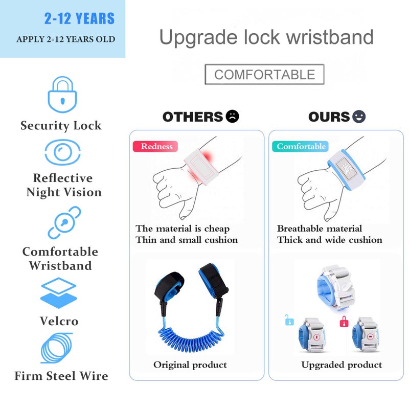 WSZCML Anti-Lost Wrist Link, Blue Reflective Anti-Lost Wrist Chain with Child Lock 6.56 feet. - Image 2