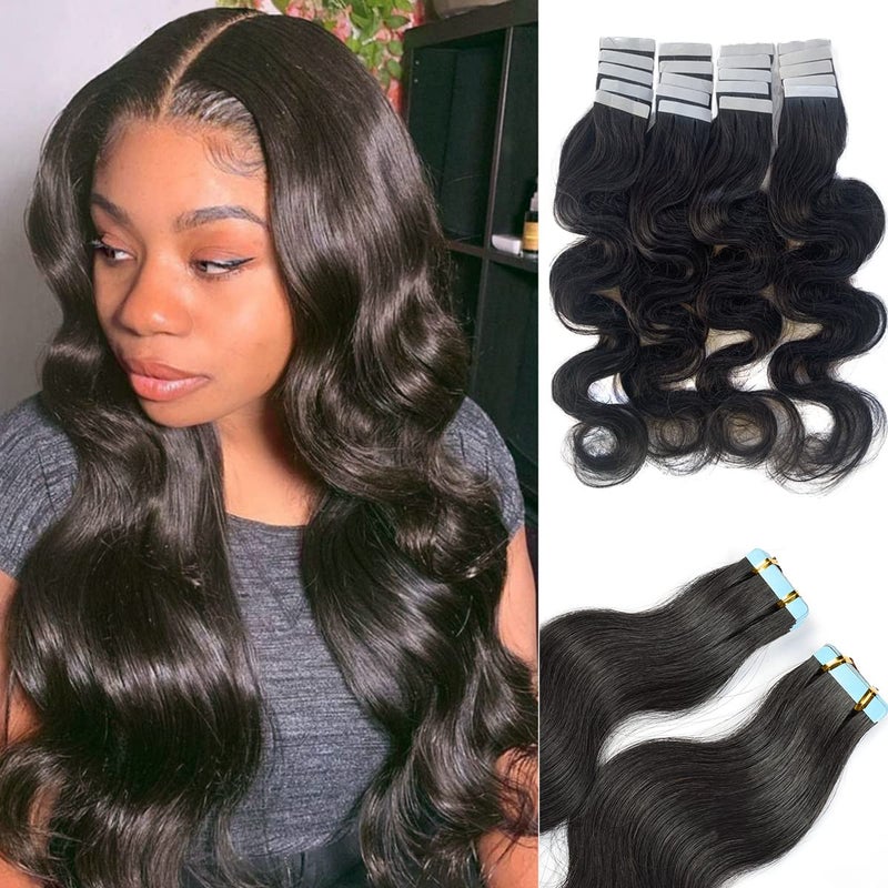 Smavida 24Inch Body Wave Tape in Hair Extensions Human Hair Wavy Hair Extensions Tape in Black 20pcs Tape Hair Extensions Human Hair for Black Women 50g Real Hair Extensions Tape ins