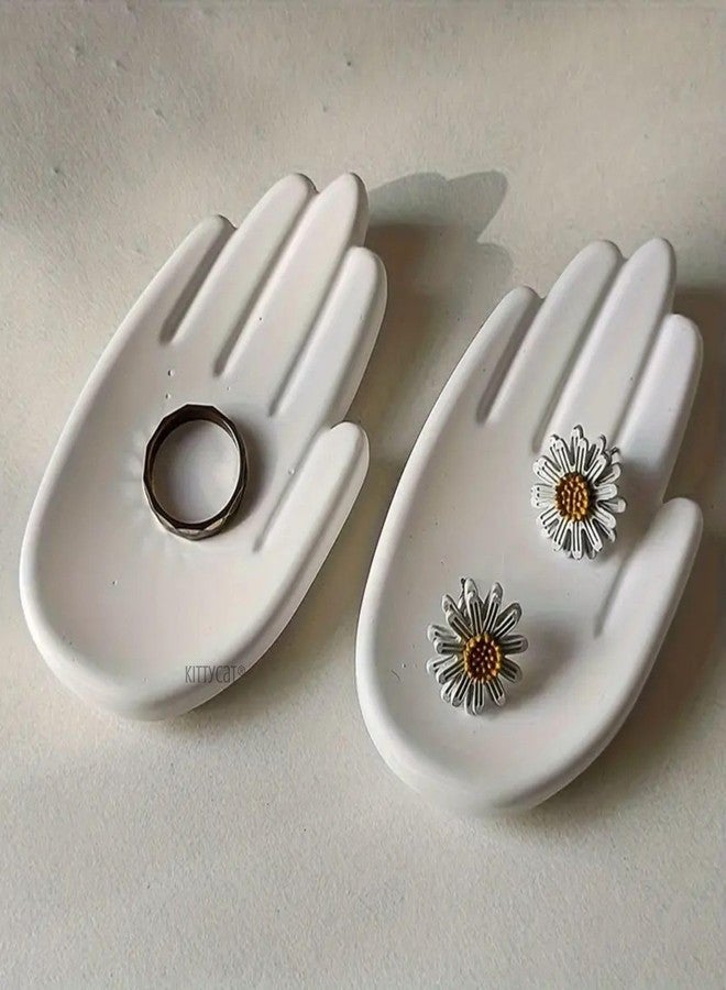 Kitty Cat Kittycat® Hand Trinket Tray Set of 2 | Aesthetic Handmade Concrete Off-White Jewelry Organizer | Hand Shape Vanity Tray for Women | Minimalist Home Decor, Tea Light Candle Holder & Multipurpose - Image 1